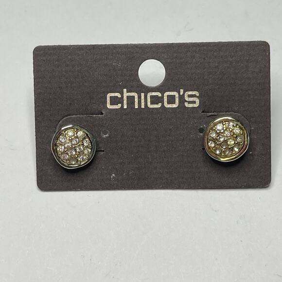 Chico's button earrings gold tone in silver tone setting post pierced classic - Picture 5 of 9